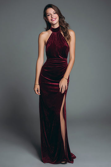 Burgundy Halter Sheath Velvet Holiday Party Dress With Slit